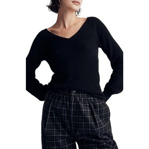 Madewell Linwood Black Wool Alpaca Blend V-Neck Slim Rib Pullover Sweater Sz 2XS